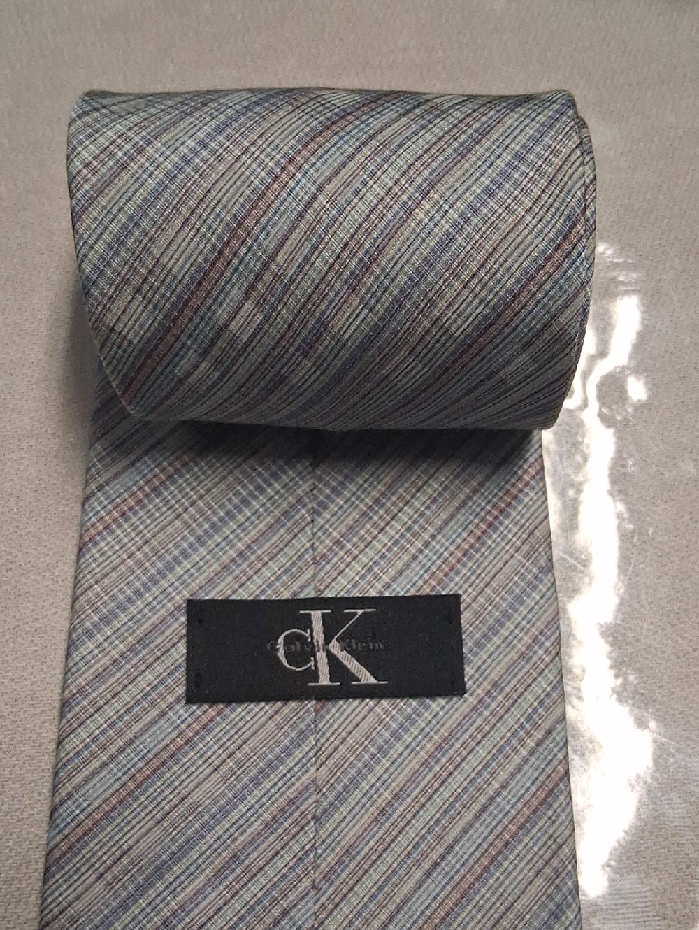 Calvin Klein Light Blue and Gray Diagonal Stripe Silk Tie